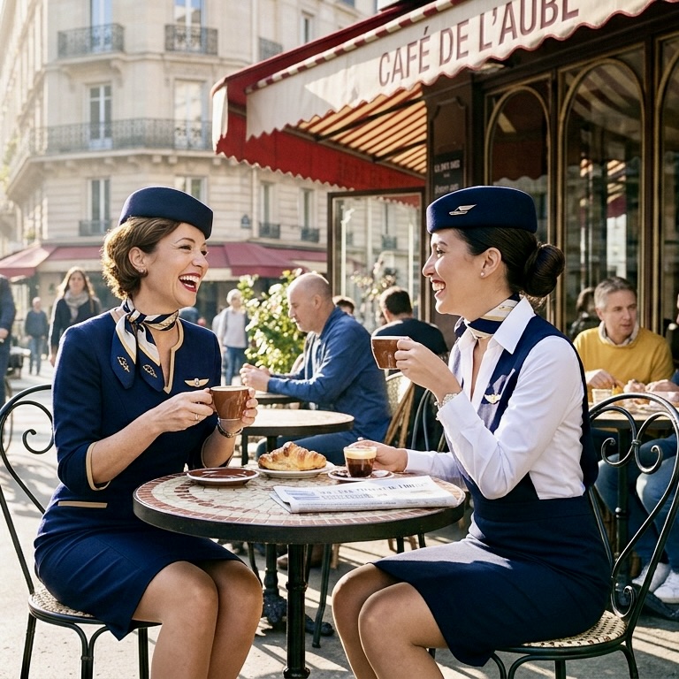 Crew at a café during layover