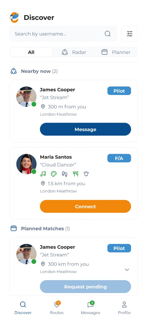 Birdmember app: discover crew nearby